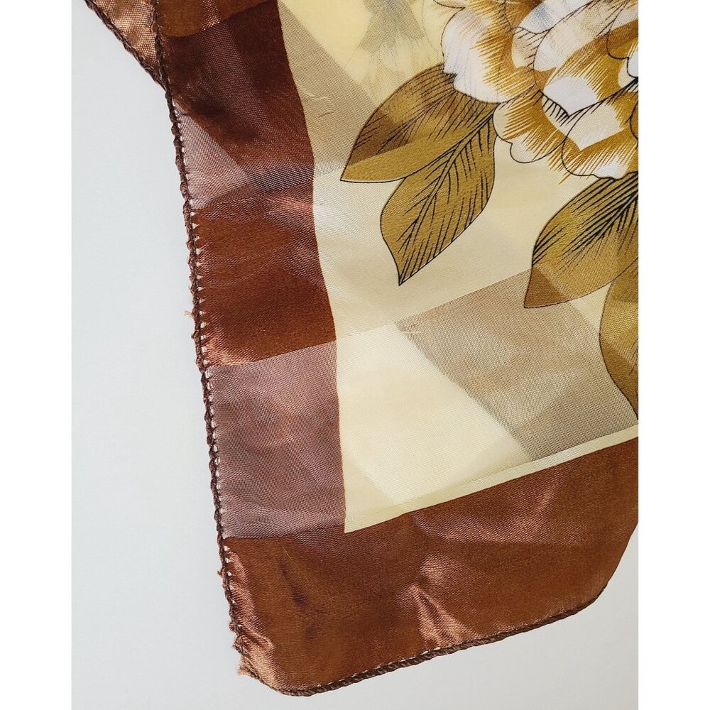 Vtg Floral Peony Satin Scarf Brown Border Lrg Square Lightweight Sheer Material - Picture 7 of 12